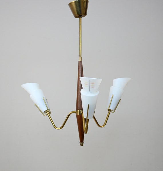 Vintage Pendant Lamp with Opaline Glass - Teak and Bronze