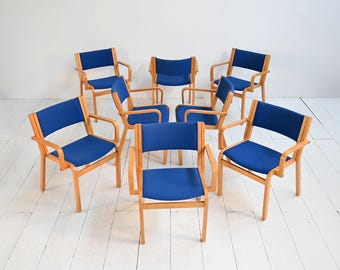 Set of 8 Mid Century Armchairs by Magnus Olesen, Beech Bentwood Dining Chairs with Blue Upholstery, Danish Modern Seating