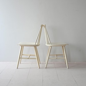 Pair of Vintage Scandinavian White Wooden Chairs, Vertical Spindle Back Design, Nordic Dining Chairs