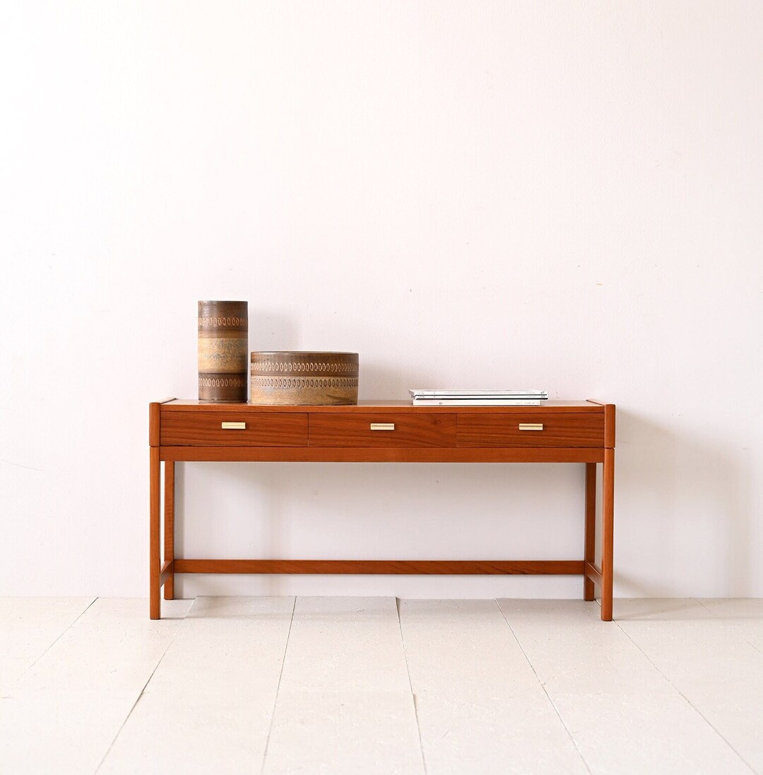 Vintage Teak Console Table With Drawers and Gold Details Etsy