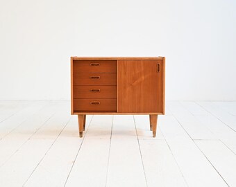 Vintage Scandinavian Teak Chest of Drawers, 1960s Mid Century Modern Cabinet with Sliding Door and Oak Details