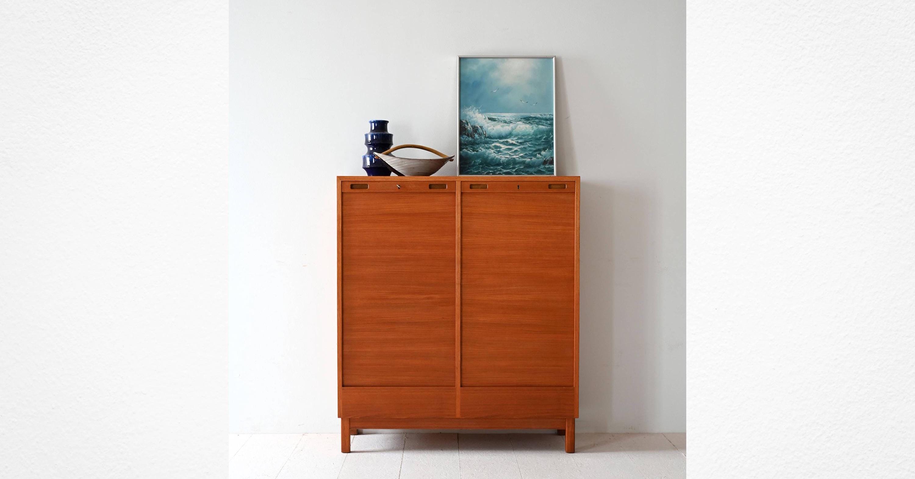 Vintage Scandinavian Teak Tambour Door Cabinet, 1950s-60s