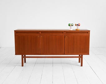 Mid Century Scandinavian Teak Sideboard with Sculpted Drawers, Danish Modern Credenza, 3 Door Cabinet, 1950s 1960s Nordic Design