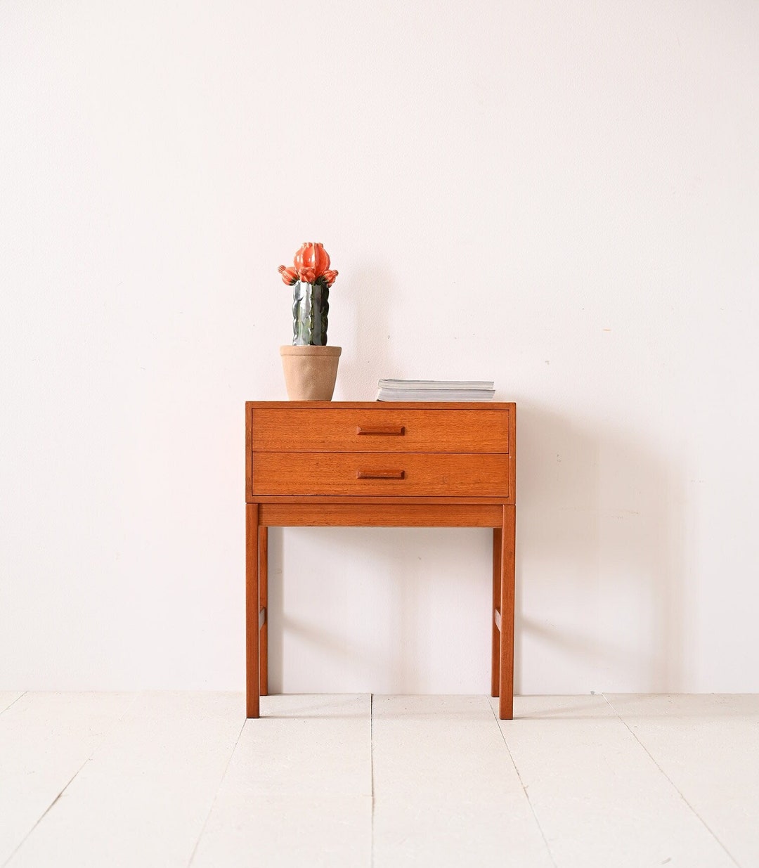 Midcentury Teak Bedside Table With Two Drawers Etsy