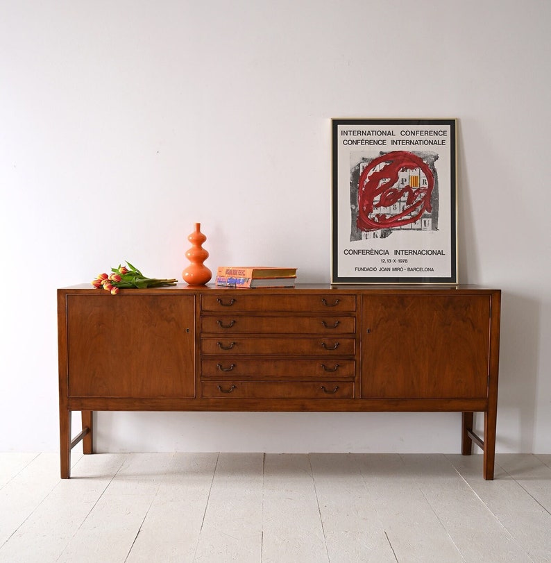 Vintage 1940s Walnut Sideboard with Metal Handles Scandinavian Elegance image 1