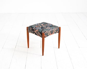 Vintage Scandinavian Teak Stool 1960s 1970s Upholstered Seat Floral Fabric Mid Century Modern Footstool Solid Wood
