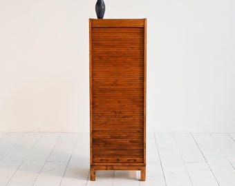 1940s Scandinavian Birch Tambour Door Cabinet, Vintage Roll Top Wardrobe, Nordic Storage Cupboard, Mid Century Modern Furniture
