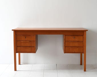 Vintage Scandinavian Teak Desk – 1960s Danish Desk with Six Drawers and Sculpted Handles