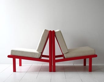 Pair of Scandinavian Vintage Armchairs – 1970s Cherry Red Lacquered Wood with New Cushions