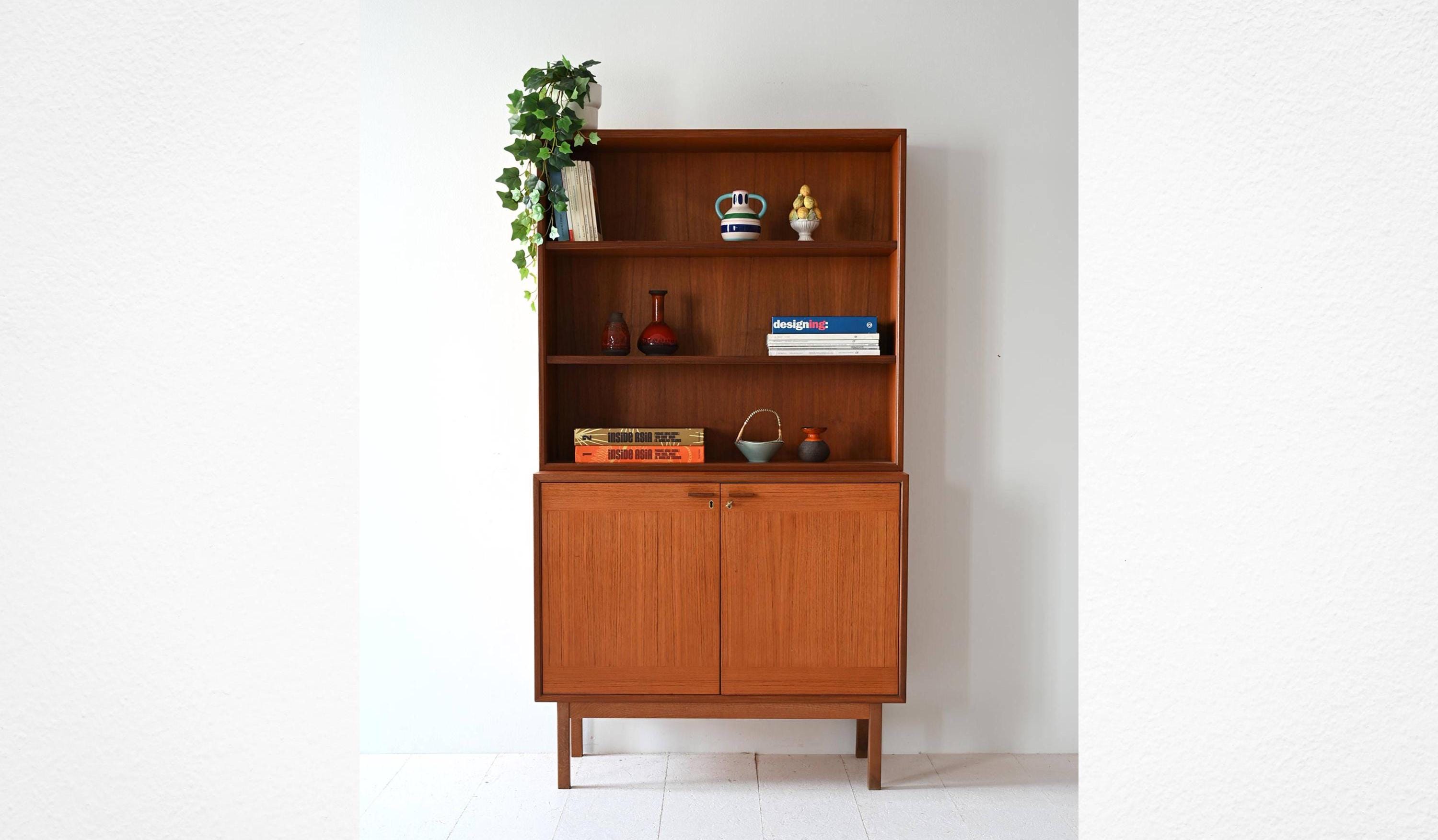 1960S Scandinavian Teak Bookcase With Shelves & Lockable Doors