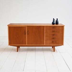 Mid Century Scandinavian Teak Sideboard with Pull-Out Shelf, 1960s Danish Modern Credenza, Vintage Cabinet with Drawers and Doors