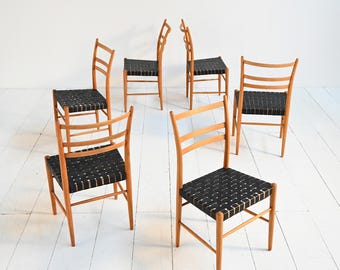Set of 6 Vintage Yngve Ekström Chairs, Swedish Elm & Woven Leather Seats, 1960s Scandinavian Mid Century Dining Chairs