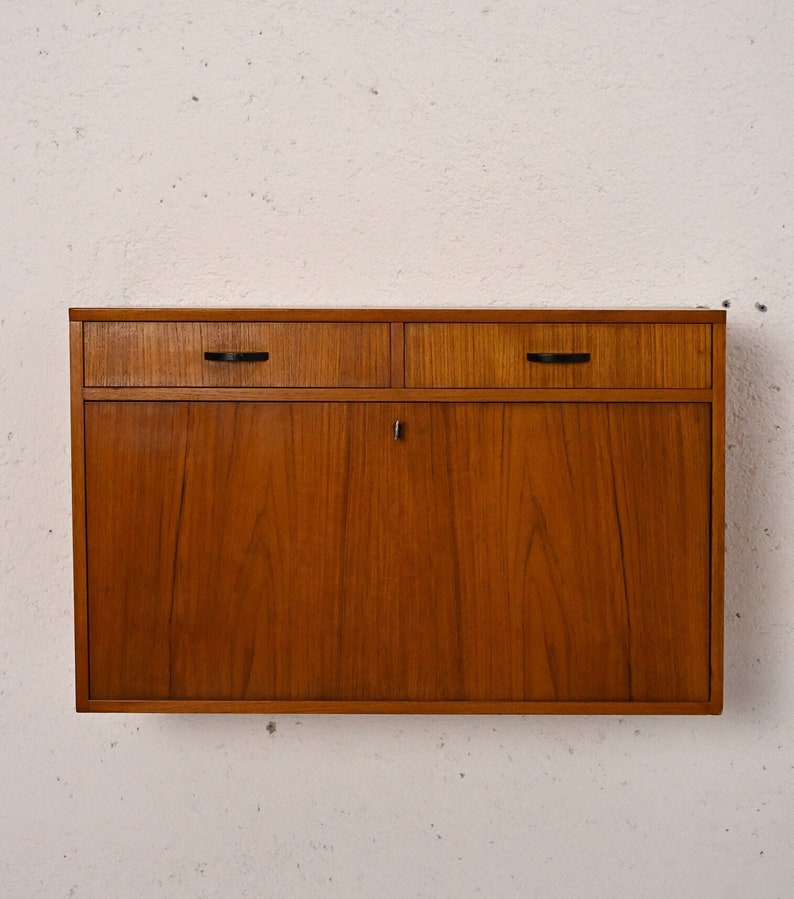 Original 1960s Scandinavian Vintage Teak Wall Cabinet Flip-Down Doors image 1