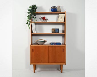 Scandinavian Mid-Century Teak Bookcase, 1960s – Adjustable Shelves & Sliding Door Cabinet