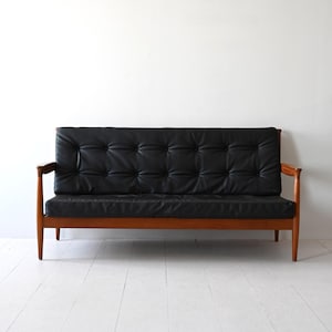 Vintage Scandinavian Black Faux Leather Sofa with Birch Frame