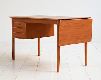 Mid Century Teak Drop Leaf Desk, 1960s Scandinavian Writing Table with 3 Drawers and Extendable Worktop