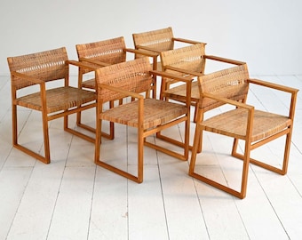 Set of 6 BM62 Dining Chairs by Børge Mogensen, 1950s Danish Oak Armchairs with Cane Seat, Mid Century Modern Furniture