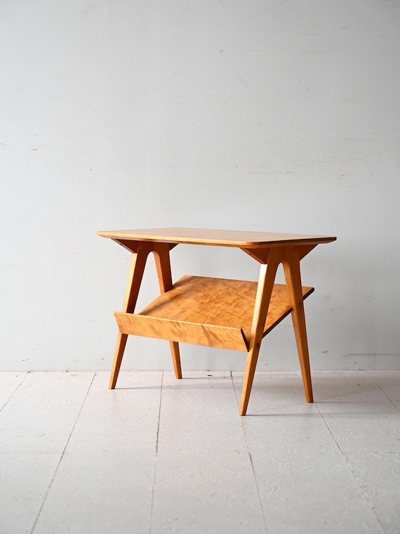 Vintage Scandinavian Birch Side Table With Angled Magazine Rack