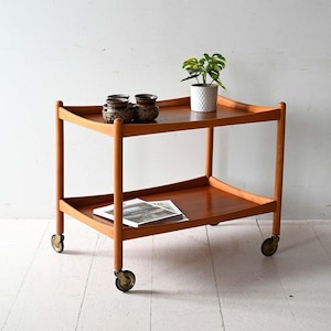 Vintage Scandinavian Teak and Beech Bar Cart by Diö Sweden – Mid-Century Modern Trolley with Label