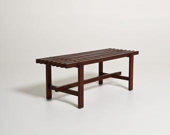 Italian Slatted Wood Bench, 1970s Dark Wood Mid Century Modern Entryway Bench