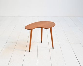 Mid Century Organic Teak Coffee Table, 1950s 1960s Scandinavian Biomorphic Side Table with Oak Legs and Brass Feet