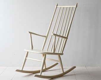 Mid-Century Scandinavian Rocking Chair, Lacquered Wood, High Spindle Back