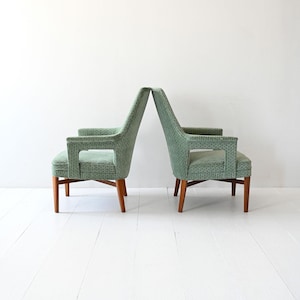 Pair of Scandinavian Mid-Century Armchairs, 1950s Vintage Chairs with Mint Green Velvet Upholstery