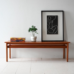 Può includere: Una panca in legno di metà secolo con piano rettangolare e quattro gambe. Una stampa artistica in bianco e nero incorniciata di una figura seduta è appesa al muro. Una piccola pianta in vaso e una scatola colorata sono sulla panca.