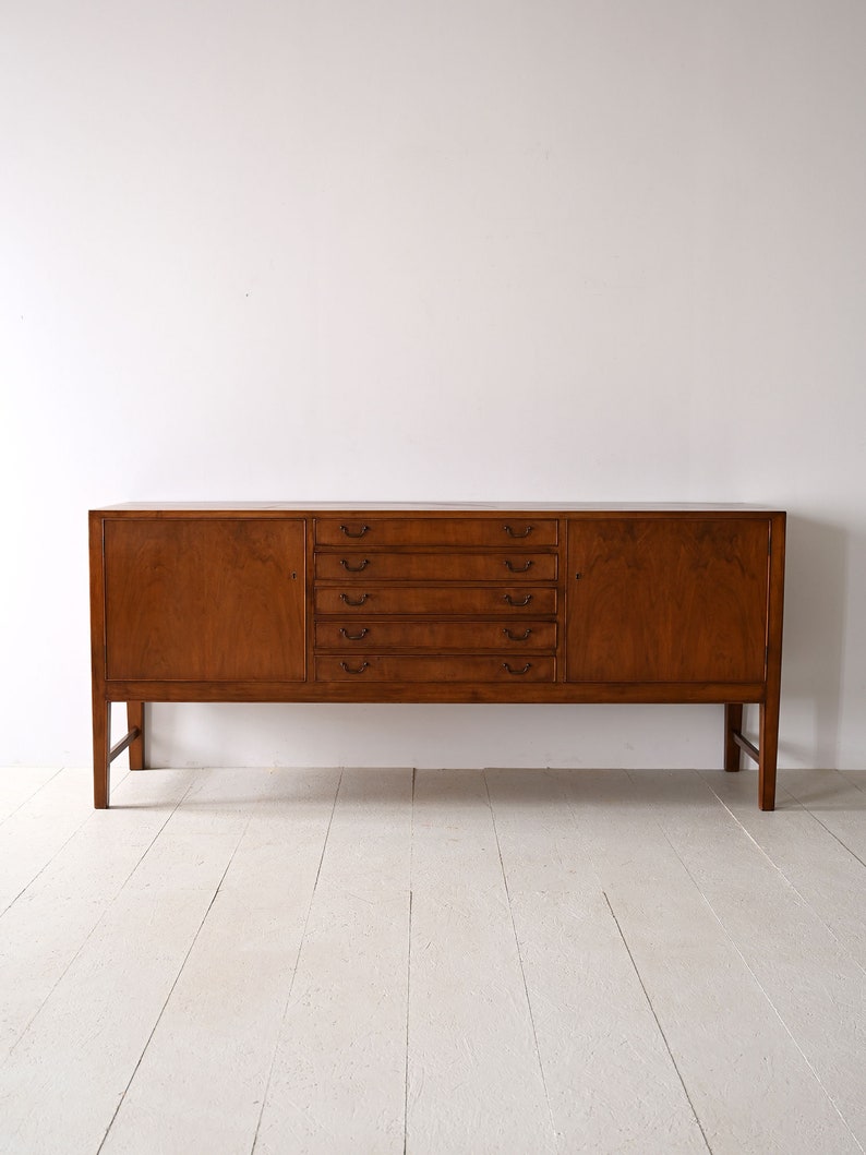 Vintage 1940s Walnut Sideboard with Metal Handles Scandinavian Elegance image 2