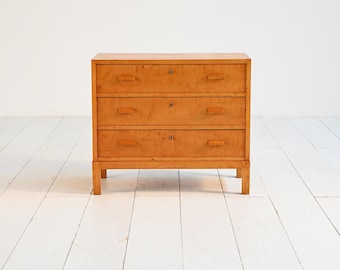 Art Deco Flame Birch Chest of Drawers, 1930s Scandinavian Cabinet, Vintage Nordic Dresser with 3 Drawers