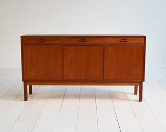Mid Century Scandinavian Teak Sideboard, 1950s–60s Danish Modern Credenza with Drawers and Cabinet Doors, Vintage Storage Unit