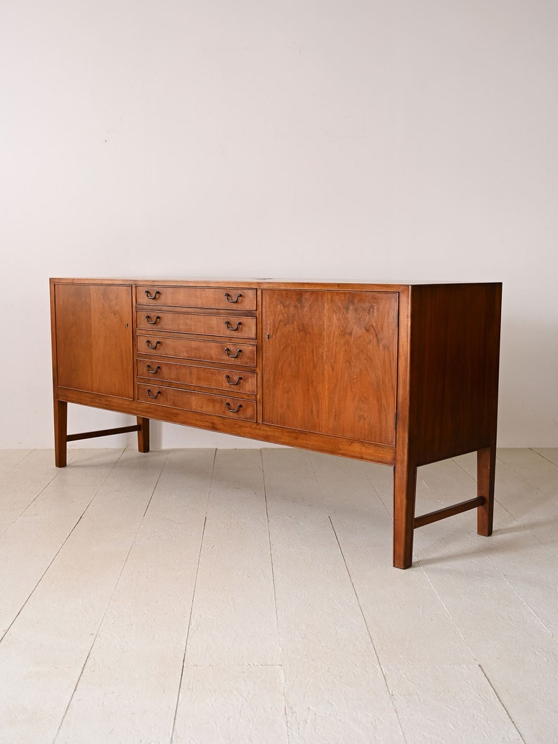 Vintage 1940s Walnut Sideboard with Metal Handles Scandinavian Elegance image 5