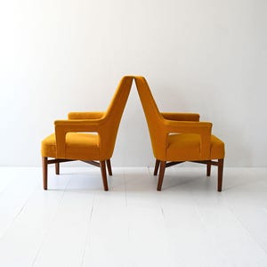 Pair of Scandinavian Mid-Century Armchairs, 1950s Vintage Chairs in Mustard Yellow Velvet Upholstery