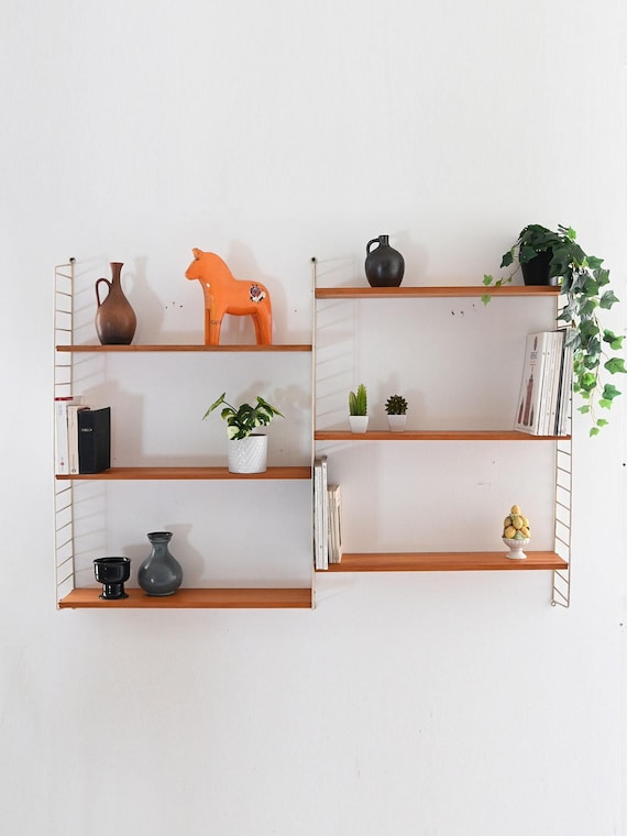 Scandinavian Modular Wall Shelf System in Spruce and White Metal