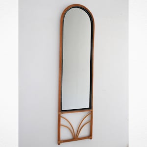 1970s Scandinavian Wall Mirror in Curved Bamboo – Arched Vintage Mirror with Black Frame Detail