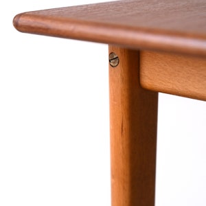 May include: Close-up of a wooden table top with a rounded edge and a visible screw in the leg.
