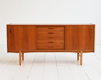 Vintage Scandinavian Teak Sideboard with Oak Legs, 1950s–60s Mid Century Modern Sideboard with Sliding Doors