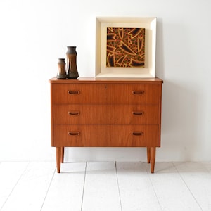 1960s Scandinavian Teak Chest of Drawers – Vintage Mid-Century Dresser with Turned Legs and Carved Handles