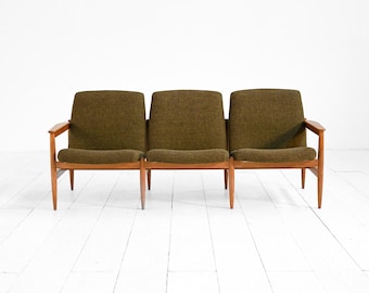 Mid Century Scandinavian 3 Seater Sofa in Oak, 1950s 1960s Nordic Modern Couch with Green Wool Upholstery