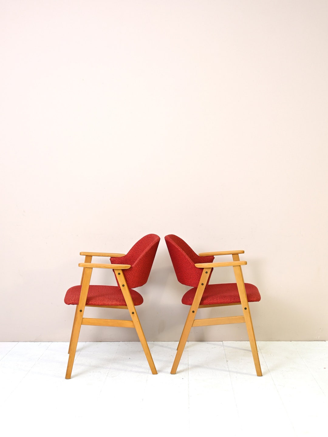 Vintage Scandinavian Midcentury Pair of Chairs With Original Red Fabric ...