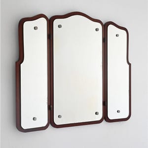 1940s Scandinavian Teak Wall Mirror with Folding Side Panels – Vintage Mid-Century Triptych Mirror