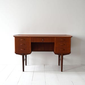 1960s Danish Teak Desk with Sculpted Handles and Back Bookshelf, Vintage Mid-Century Writing Desk