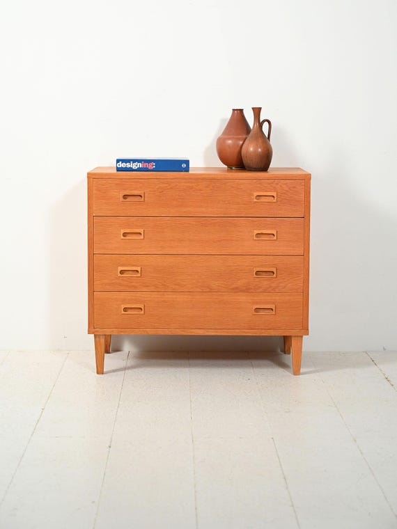 Swedish Oak Chest of Drawers by String Design AB, 1960s Scandinavian Mid Century Dresser With Carved Handles