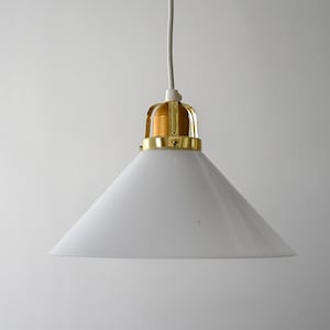 1950s Scandinavian Opaline Glass Pendant Lamp – Vintage Brass & Wood Ceiling Light