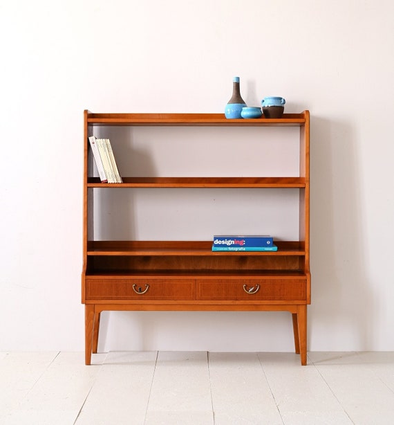 Vintage Low Teak Bookcase With Two Drawers Etsy UK