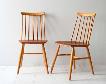 Pair of Vintage Scandinavian Chairs in Beech and Mahogany, 1950s Tapiovaara Fanett Style