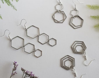 Handmade Silver Hexagon Dangle Earrings