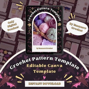 Puede incluir: Una descarga digital para una plantilla de patrón de crochet. La plantilla está diseñada para usar con Canva y presenta una bola de hilo morado, rosa y blanco en una cesta. El texto en la plantilla dice "Plantilla de patrón de crochet" y "Plantilla de Canva editable".