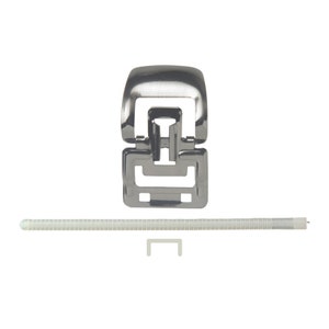 May include: A silver metal buckle with a square shape and a small, white plastic piece. A white plastic cord is also included.
