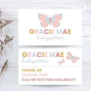 Fully Editable Butterfly Babysitter Contact Card Template, Printable Business Card, Instant Download, Canva Design, Editable Card